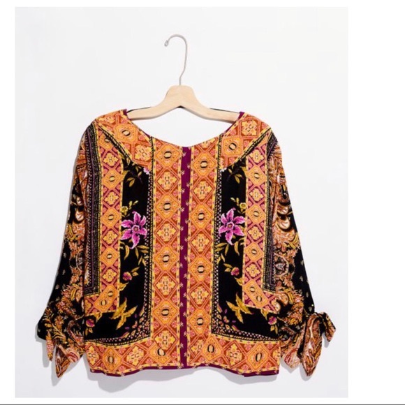 FREE PEOPLE BOHO FLOWY TOP PULLOVER BOHEMIAN PRINT V-NECK BLOUSE A3C - Picture 13 of 16
